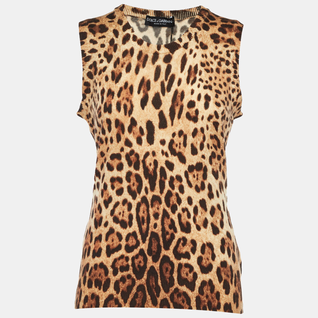 Dolce & Gabbana Brown Animal Printed Cashmere Sleeveless Sweater M Dolce & Gabbana Brown Animal Printed Cashmere Sleeveless Sweater M