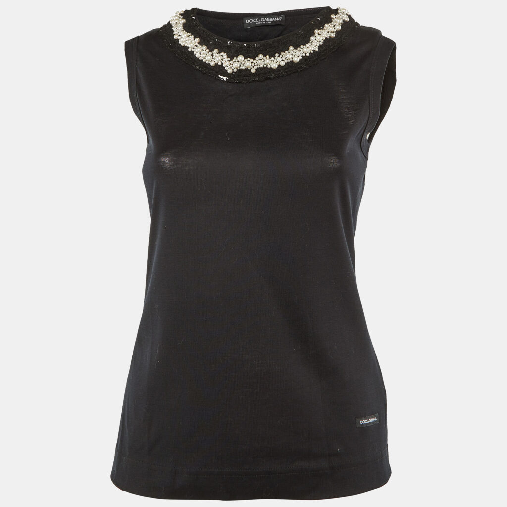 Dolce & Gabbana Black Cotton Knit Embellished Neck T-Shirt M Dolce & Gabbana Black Cotton Knit Embellished Neck T-Shirt M
