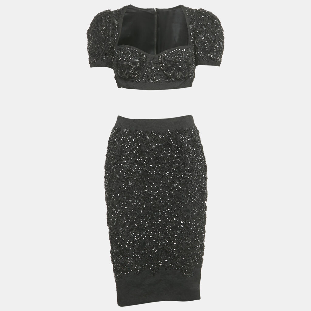 Dolce & Gabbana Black Crystal Embellished Jacquard Top and Skirt Set S Dolce & Gabbana Black Crystal Embellished Jacquard Top and Skirt Set S