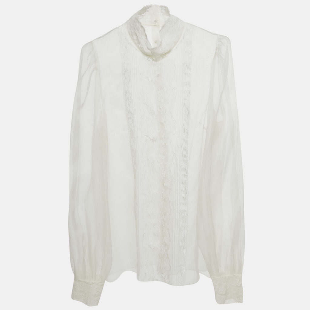 Dolce & Gabbana White Sheer Silk Lace Trimmed Blouse M Dolce & Gabbana White Sheer Silk Lace Trimmed Blouse M