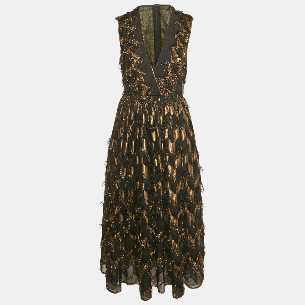 Dolce & Gabbana Black Silk Blend and Lurex Fringe Detail Long Dress M Dolce & Gabbana Black Silk Blend and Lurex Fringe Detail Long Dress M