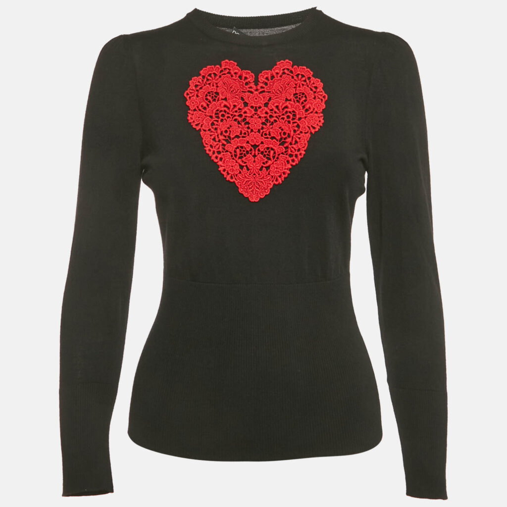 Dolce & Gabbana Black Heart Lace Applique Wool Knit Top M Dolce & Gabbana Black Heart Lace Applique Wool Knit Top M