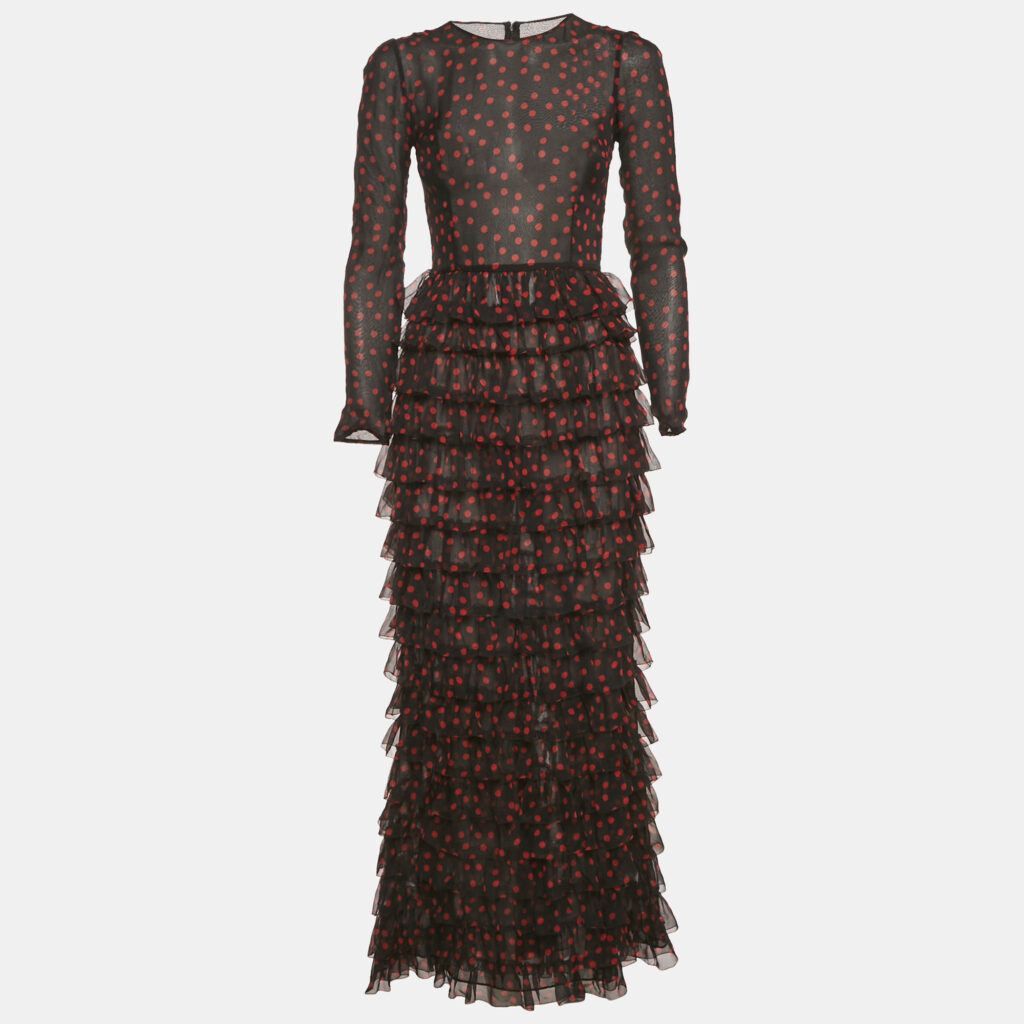 Dolce & Gabbana Black Polka Dots Silk Tiered Maxi Dress S Dolce & Gabbana Black Polka Dots Silk Tiered Maxi Dress S