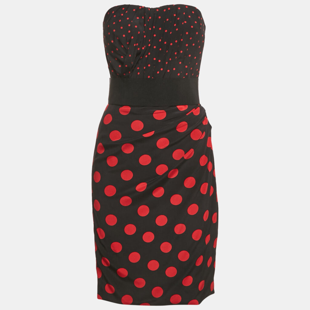 Dolce & Gabbana Black Polka Dots Print Silk Strapless Mini Dress M Dolce & Gabbana Black Polka Dots Print Silk Strapless Mini Dress M