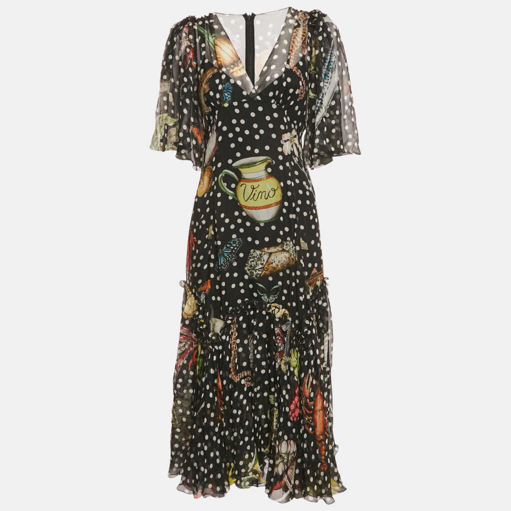 Dolce & Gabbana Black Printed Silk Ruffled Asymmetric Long Dress L