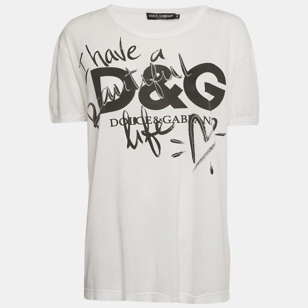 Dolce & Gabbana White Beautiful Life Logo Print Cotton T-Shirt M