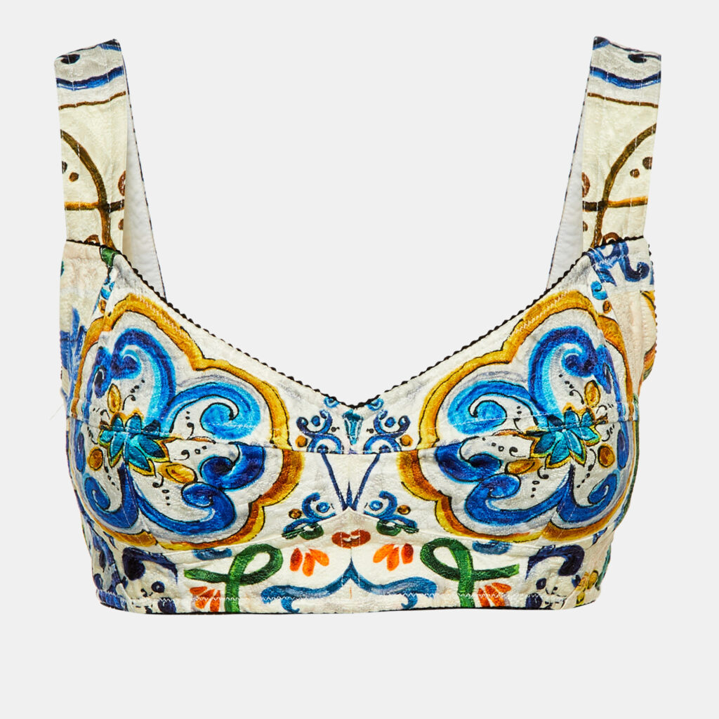 Dolce & Gabbana White Majolica Printed Cotton Bralette M