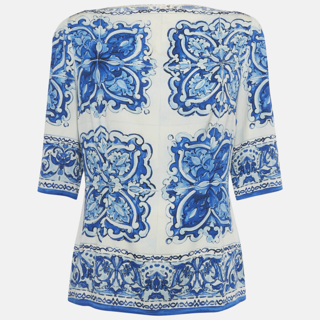 Dolce & Gabbana White /Blue Majolica Print Silk Blouse L