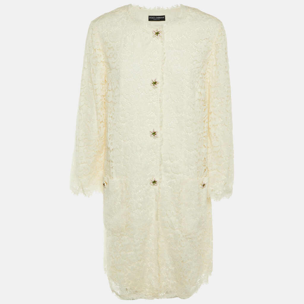 Dolce & Gabbana Ivory Lace Lily Button Detail Coat XL