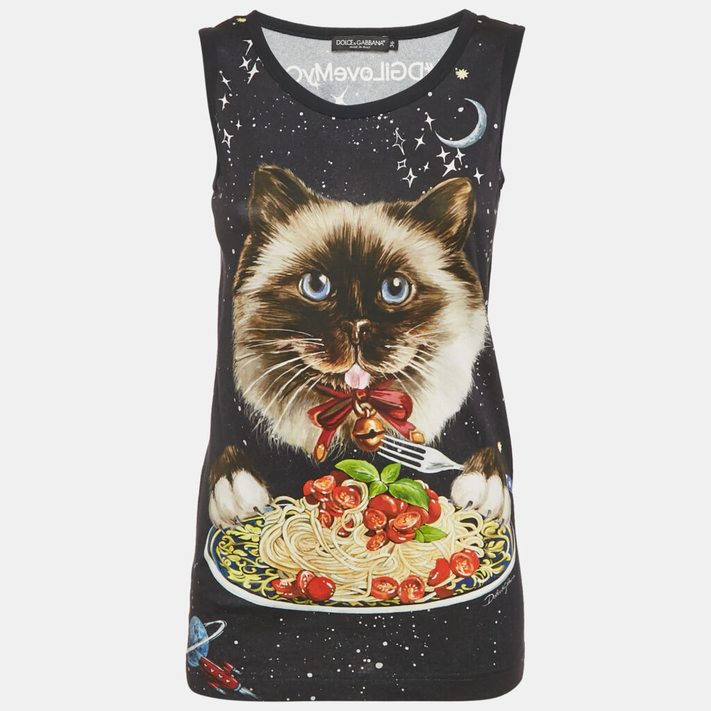 Dolce & Gabbana Navy Blue Spaghetti Cat Print Jersey Tank Top XS