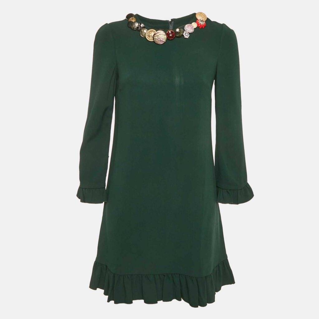 Dolce & Gabbana Green Crepe Bejeweled Buttons Flounce Dress S