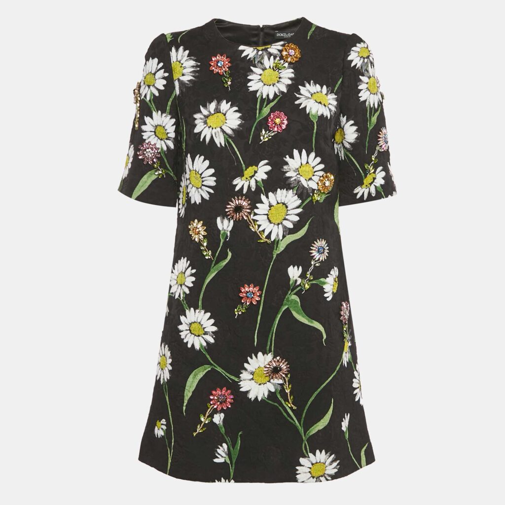 Dolce & Gabbana Black Floral Jacquard Crystal Detail Mini Dress M