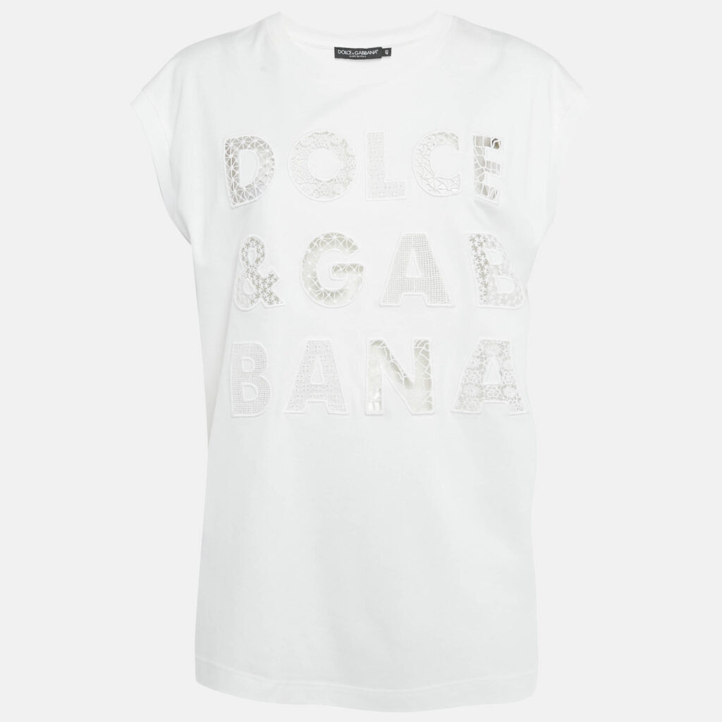 Dolce & Gabbana White Cotton Logo Embellished Detail Cap Sleeve T-Shirt S