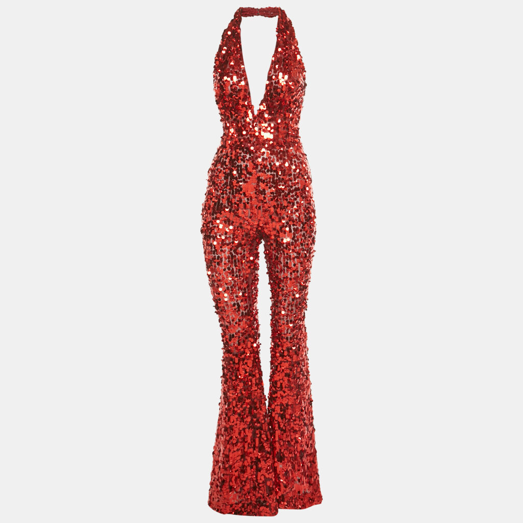 Dolce & Gabbana Red Sequin Tulle Halter Neck Jumpsuit S