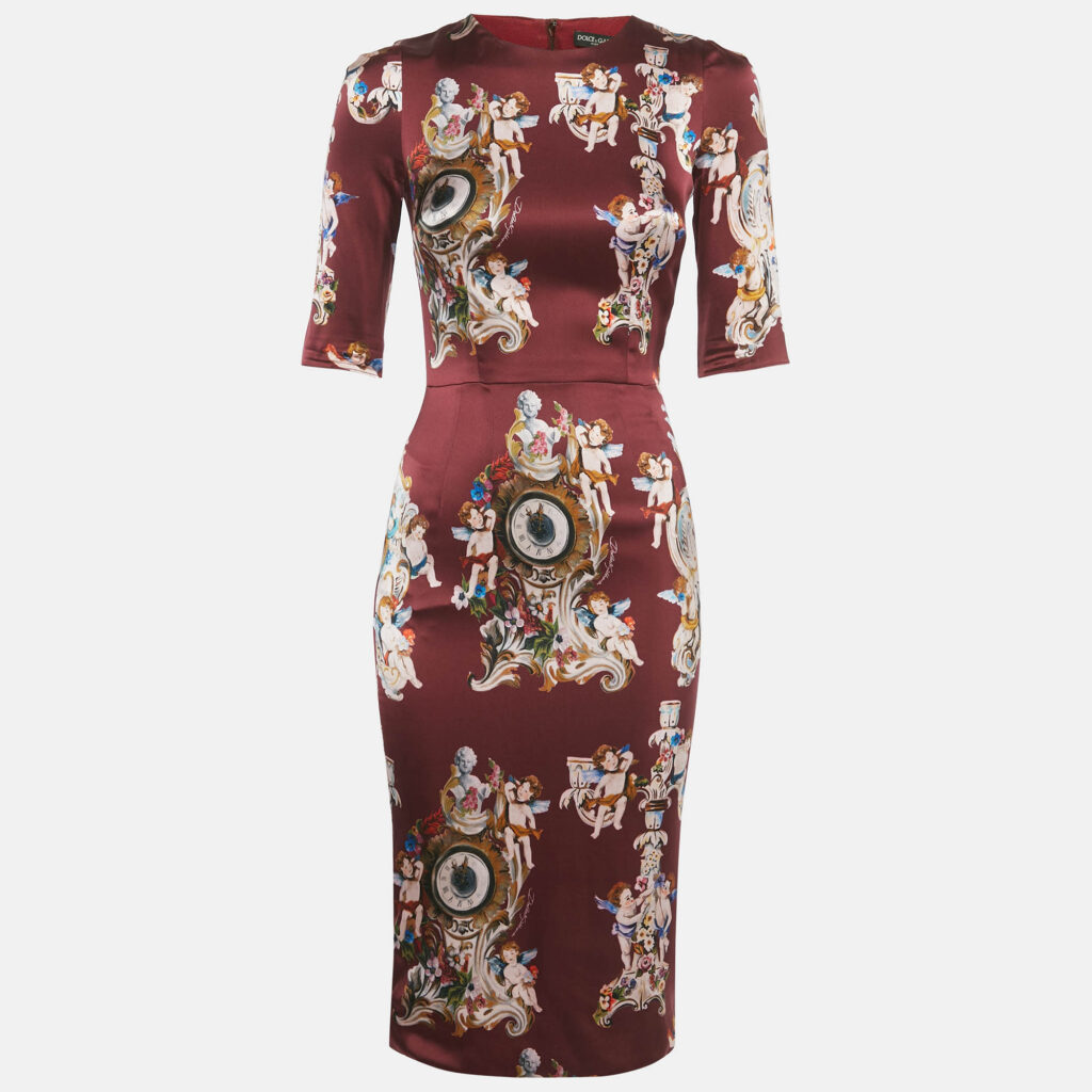 Dolce & Gabbana Burgundy Printed Silk Midi Dress S