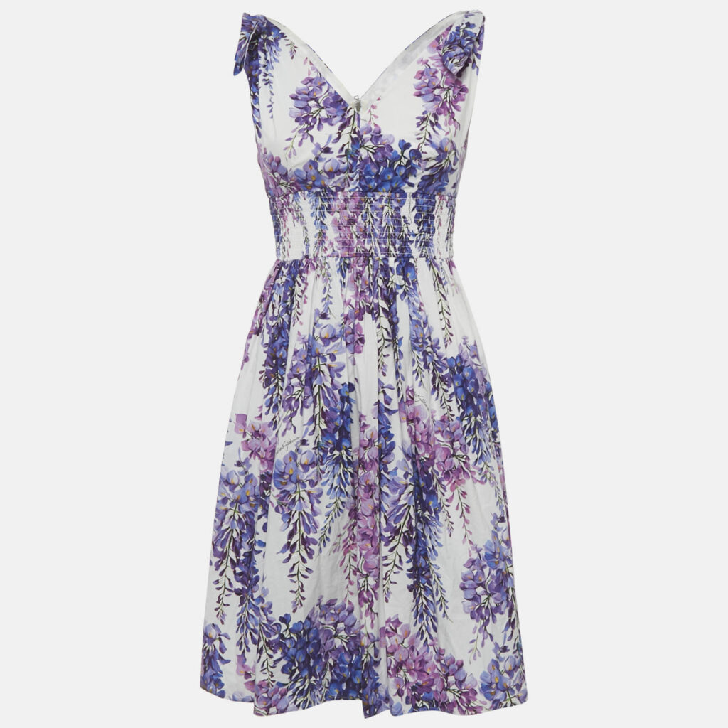Dolce & Gabbana White Floral Print Cotton Tie UP Wisteria Mini Dress S Dolce & Gabbana White Floral Print Cotton Tie UP Wisteria Mini Dress S