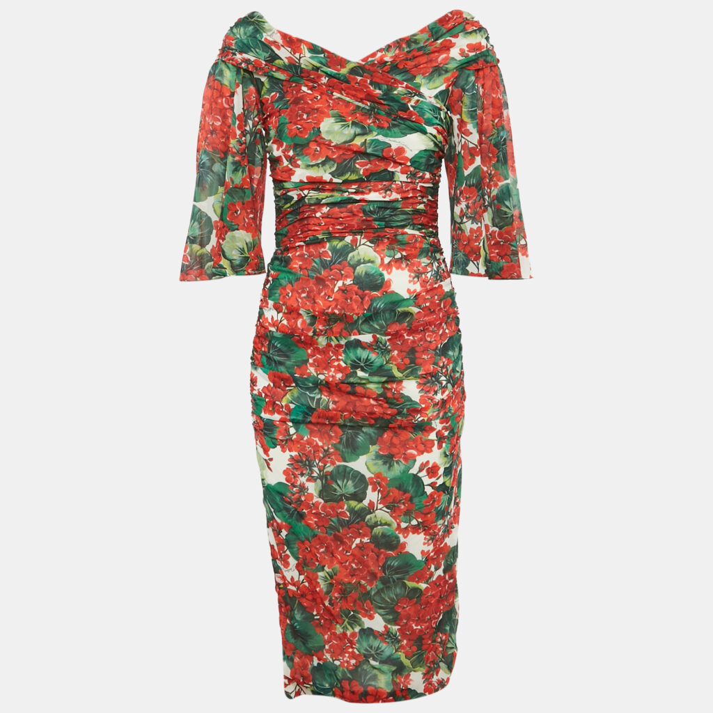 Dolce & Gabbana Red Geranium Print Silk Chiffon Ruched Dress S Dolce & Gabbana Red Geranium Print Silk Chiffon Ruched Dress S