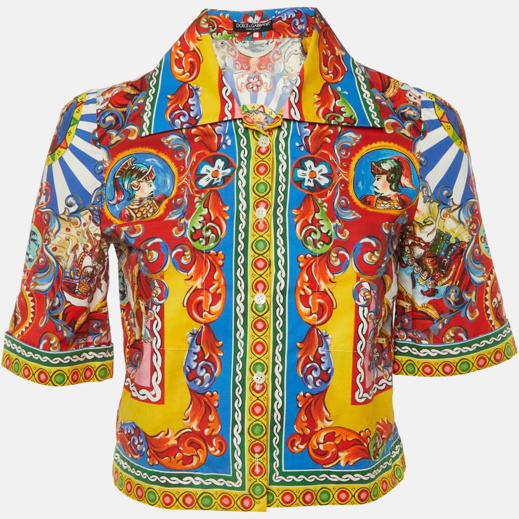 Dolce & Gabbana Multicolor Carretto Siciliano Print Cotton Cropped Shirt S