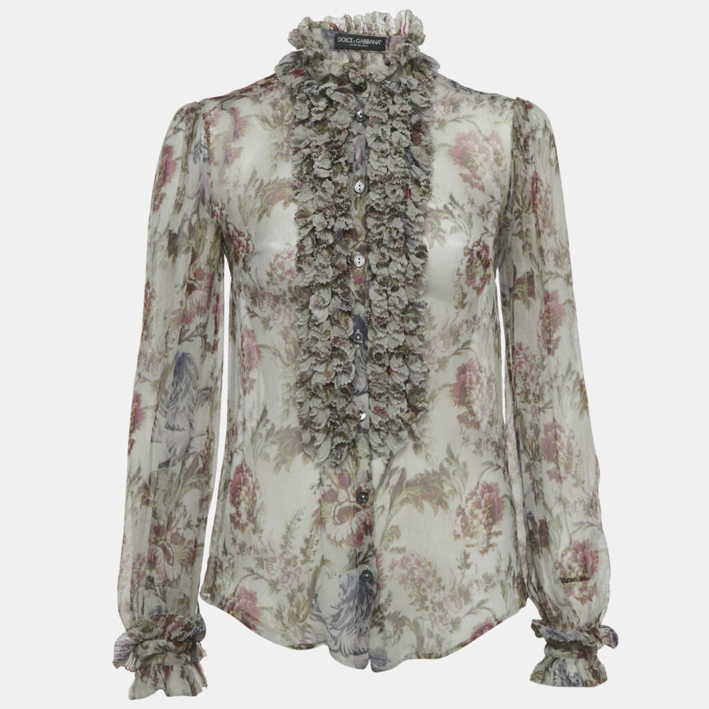 Dolce & Gabbana Grey Floral Print Silk Ruche Shirt XS
