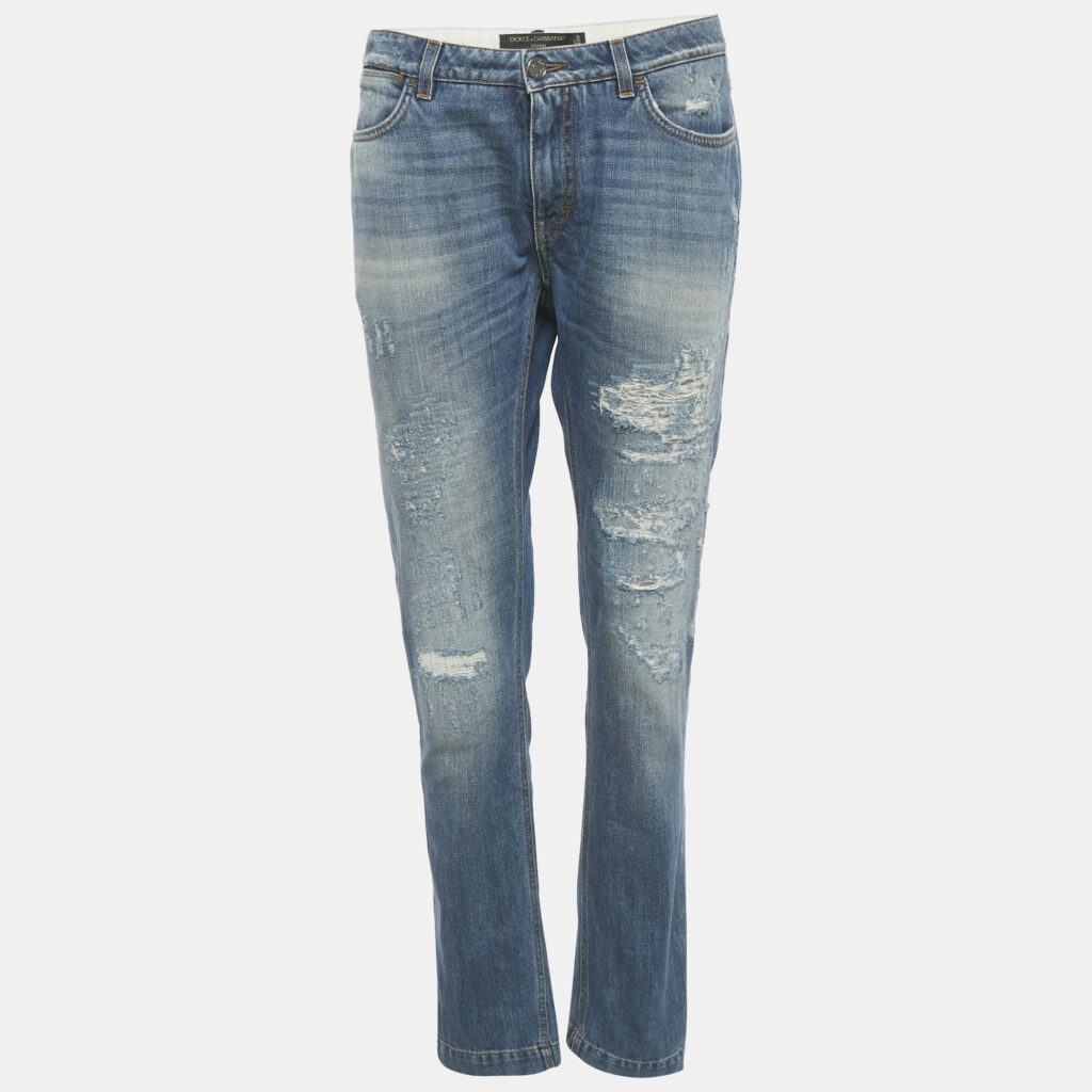 Dolce & Gabbana Blue Denim Distressed Boyfriend Logo Plaque Jeans S Waist 29"