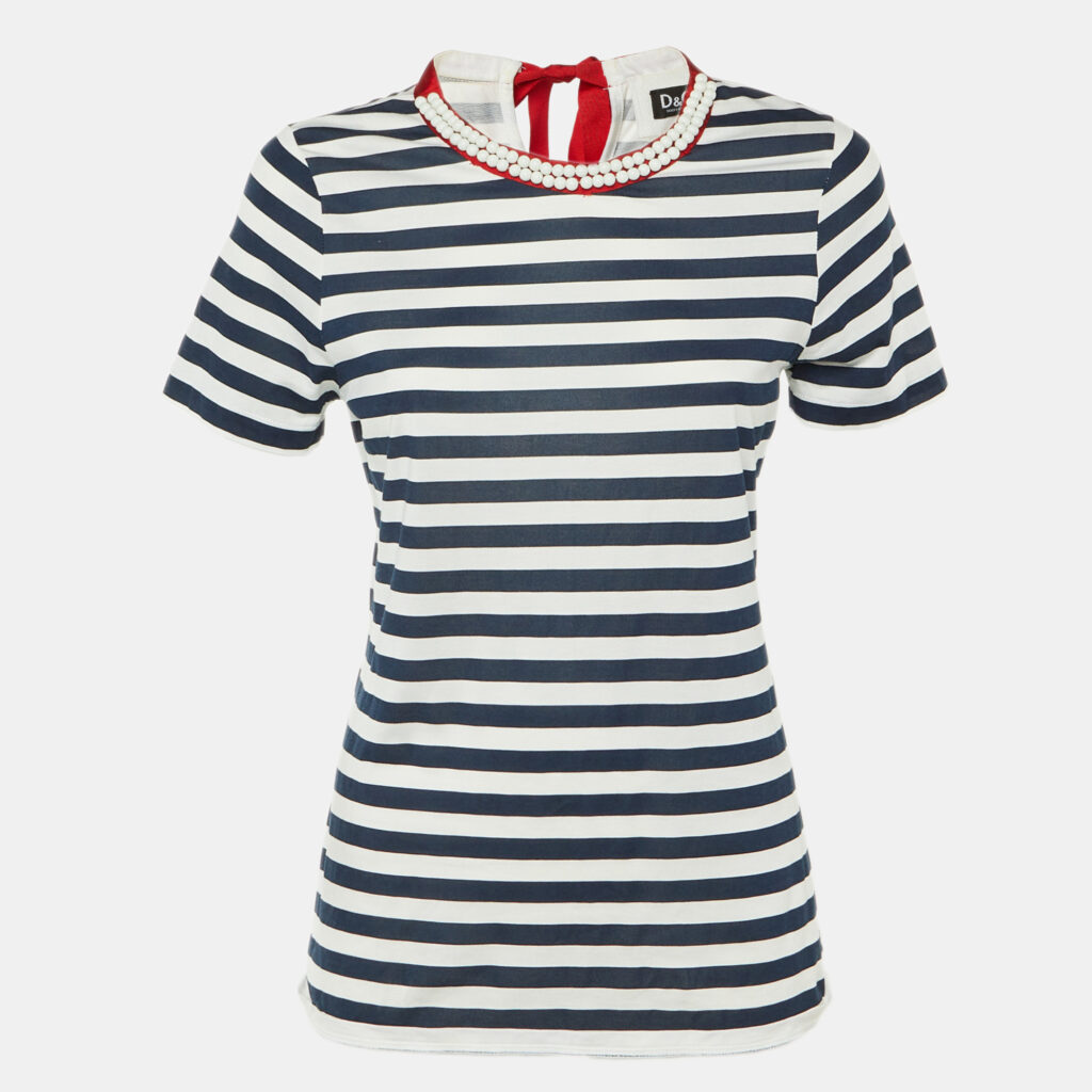 D&G Blue/White Stripe Cotton Beaded Top M