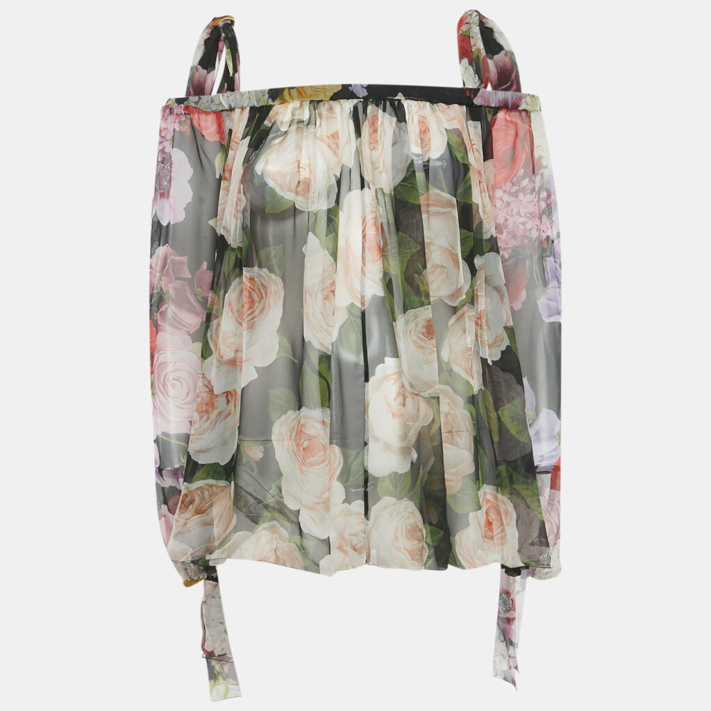 Dolce & Gabbana Black Sheer Floral Print Silk Tie Up Blouse S