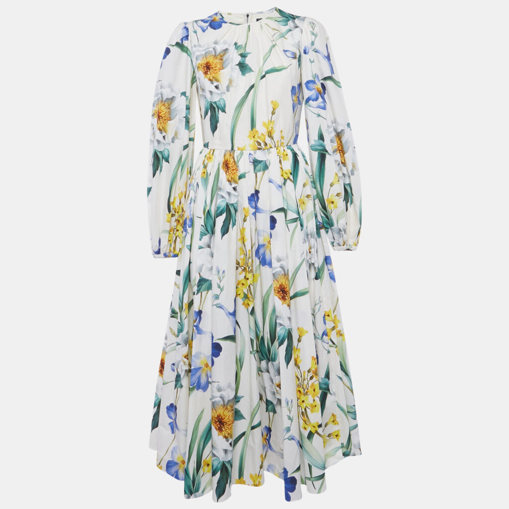 Dolce & Gabbana White Floral Print Cotton Midi Dress M Dolce & Gabbana White Floral Print Cotton Midi Dress M