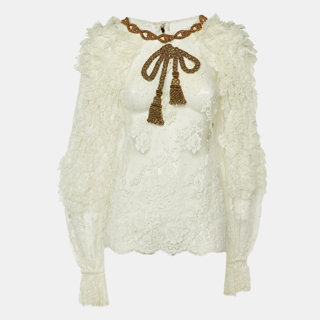 Dolce & Gabbana White Lace Rope Embellished Sheer Top L Dolce & Gabbana White Lace Rope Embellished Sheer Top L