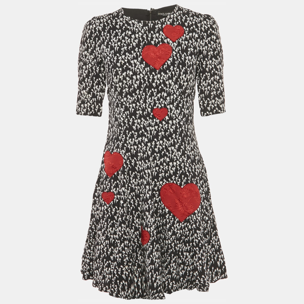 Dolce & Gabbana Black Printed Heart Applique Crepe Mini Dress M