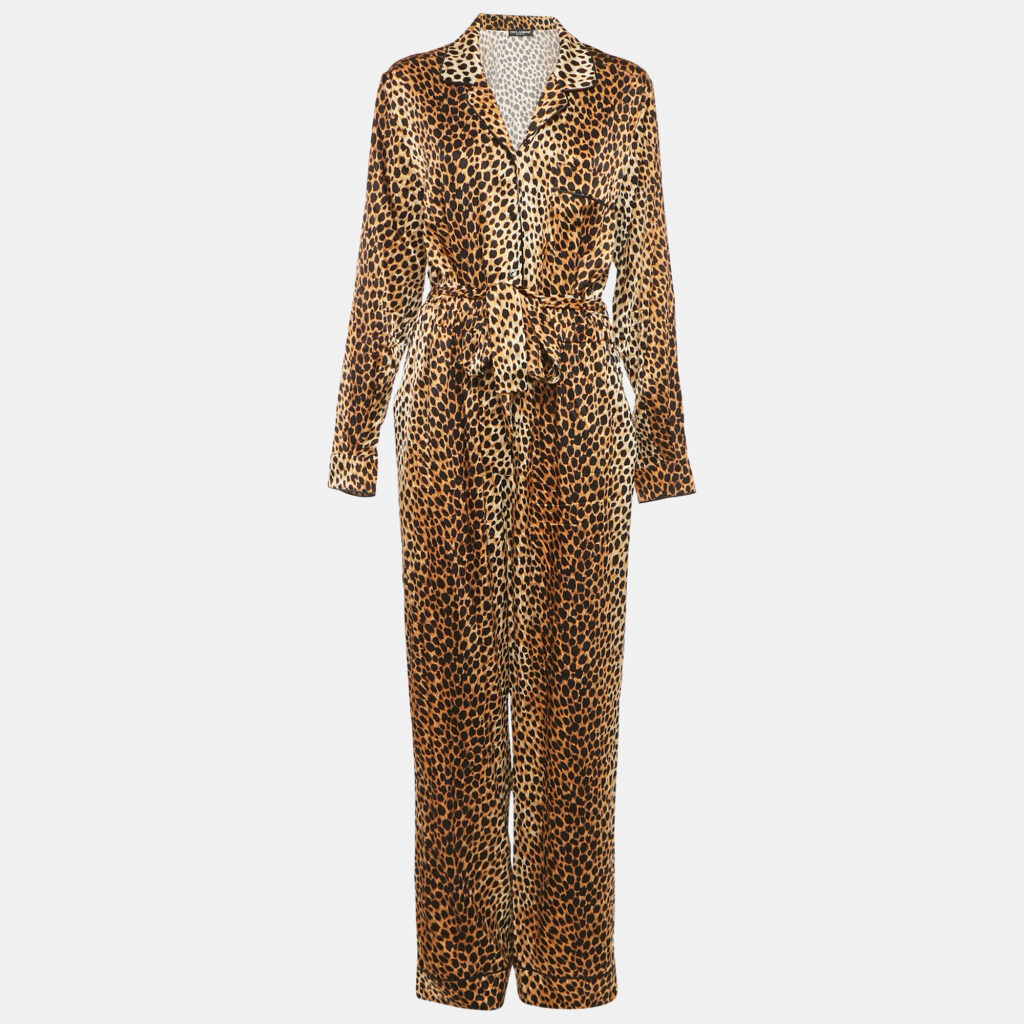 Dolce & Gabbana Brown Leopard Print Silk Belted Jumpsuit L Dolce & Gabbana Brown Leopard Print Silk Belted Jumpsuit L