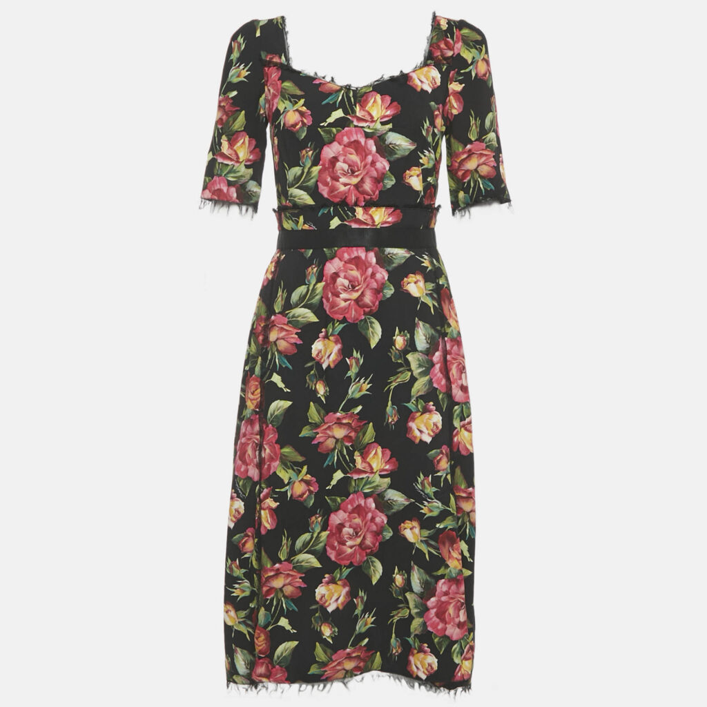 Dolce & Gabbana Black Floral Print Crepe Midi Dress S Dolce & Gabbana Black Floral Print Crepe Midi Dress S