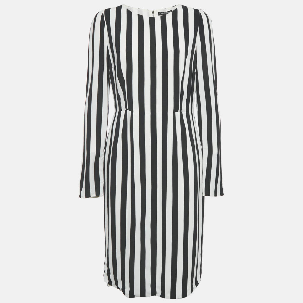 Dolce & Gabbana Black/White Stripe Crepe Midi Dress L Dolce & Gabbana Black/White Stripe Crepe Midi Dress L