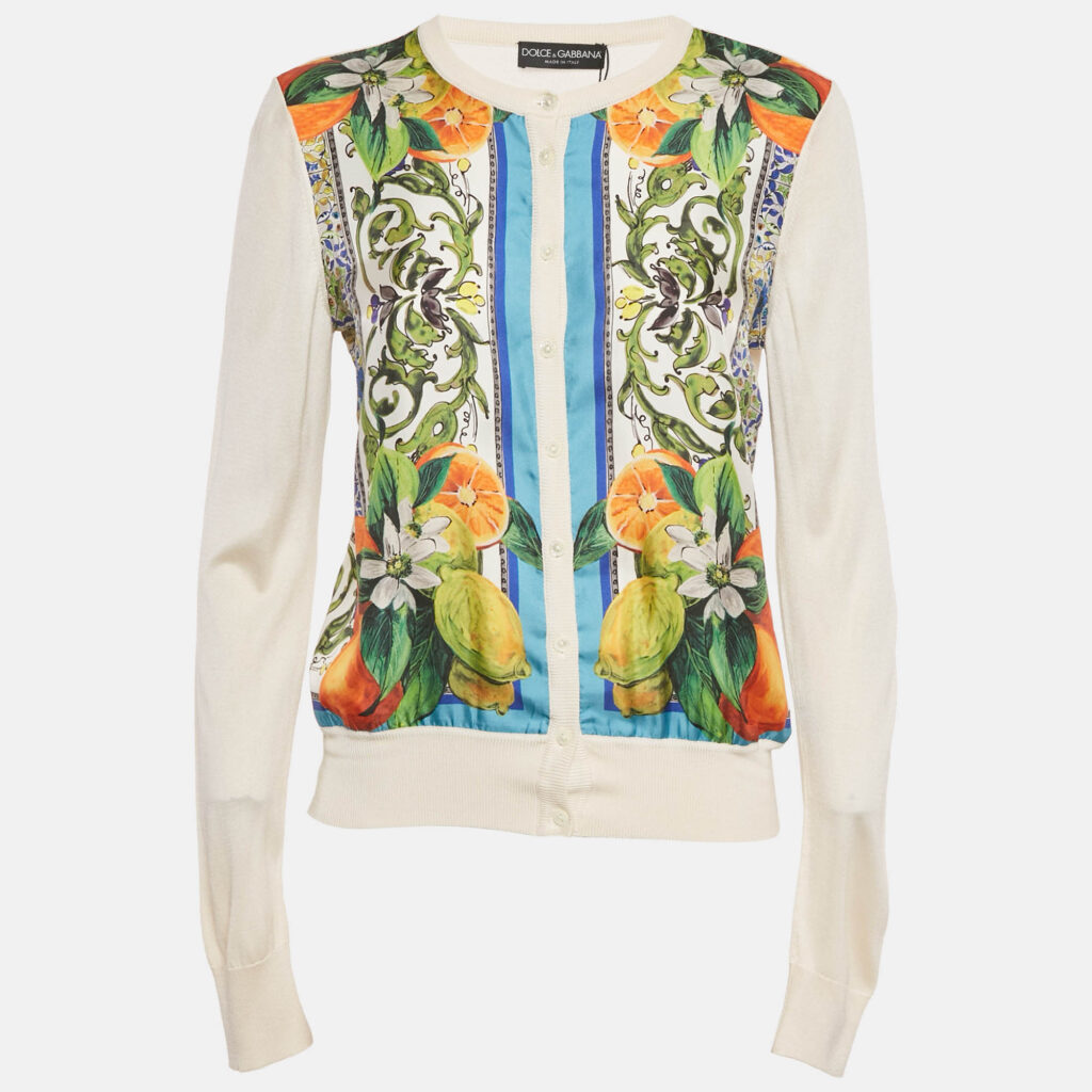 luxury-women-dolcegabbana-used-clothes-p1221633-001.jpg Dolce & Gabbana Cream Printed Silk & Knit Button Front Cardigan M