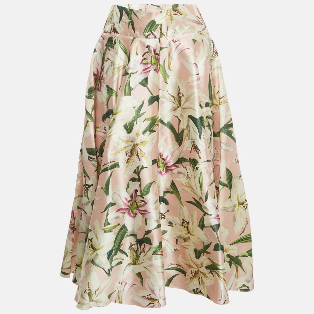 Dolce & Gabbana Pink Floral Print Silk Midi Skirt L Dolce & Gabbana Pink Floral Print Silk Midi Skirt L
