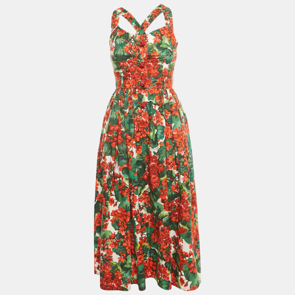 Dolce & Gabbana Red/Green Floral Print Cotton Midi Dress S