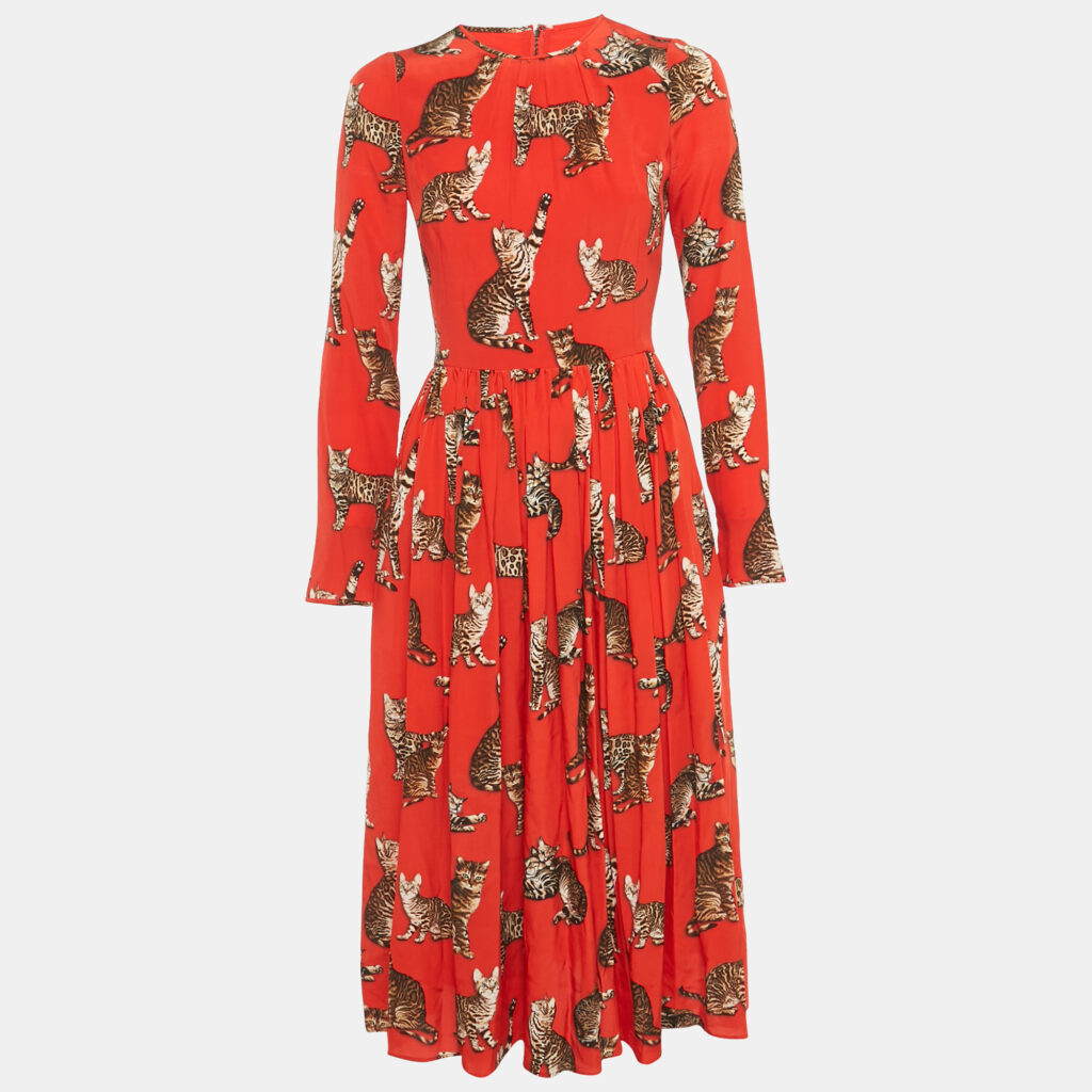 Dolce & Gabbana Red Cat Print Silk Midi Dress S
