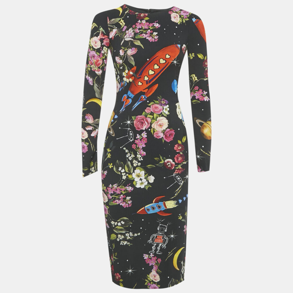 Dolce & Gabbana Black Printed Silk Midi Dress XS