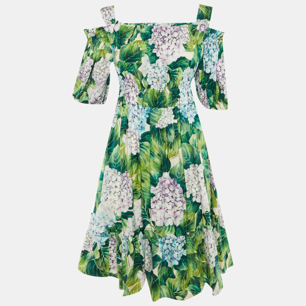 Dolce & Gabbana Green Hydrangea Print Cotton Midi Dress M