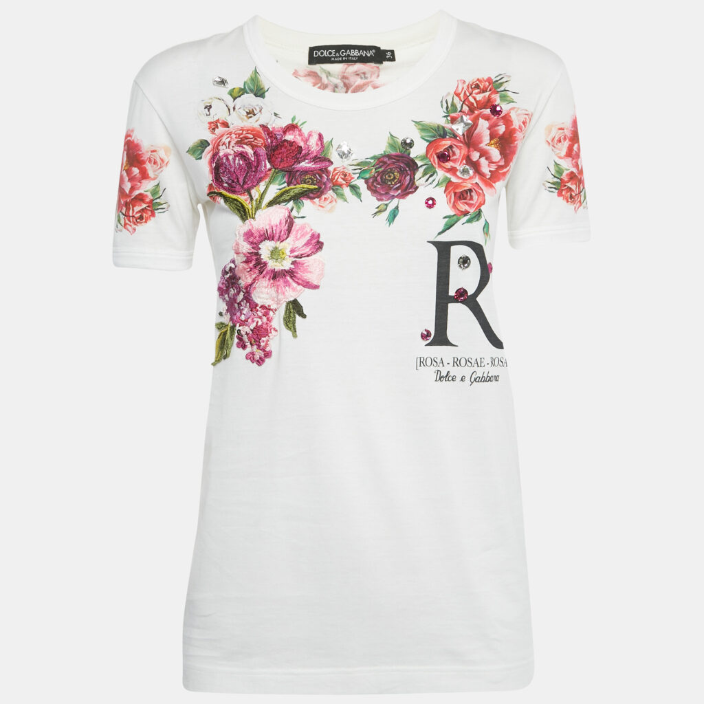 Dolce & Gabbana White Embellished Printed Cotton T-Shirt XS Dolce & Gabbana White Embellished Printed Cotton T-Shirt XS