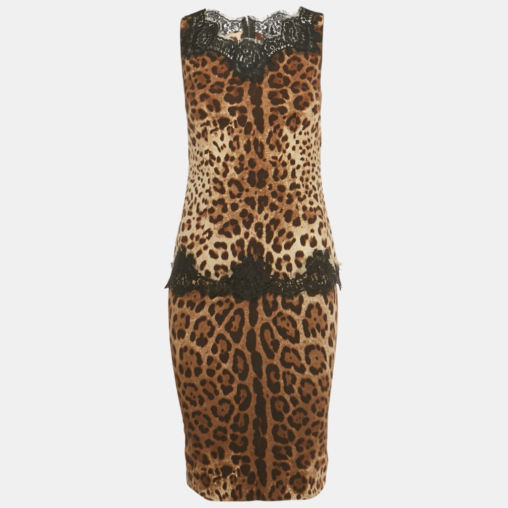 Dolce & Gabbana Brown Animal Print Lace Detail Top & Skirt Set S/XS