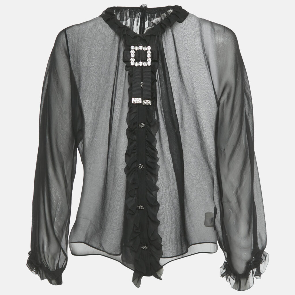 Dolce & Gabbana Black Bejeweled Silk Ruffled Sheer Blouse S Dolce & Gabbana Black Bejeweled Silk Ruffled Sheer Blouse S