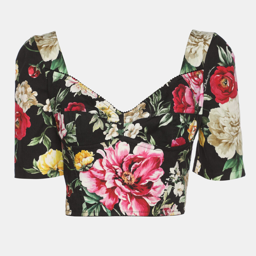 Dolce & Gabbana Black Multicolor Floral Print Cotton Off Shoulder Cropped Top S Dolce & Gabbana Black Multicolor Floral Print Cotton Off Shoulder Cropped Top S