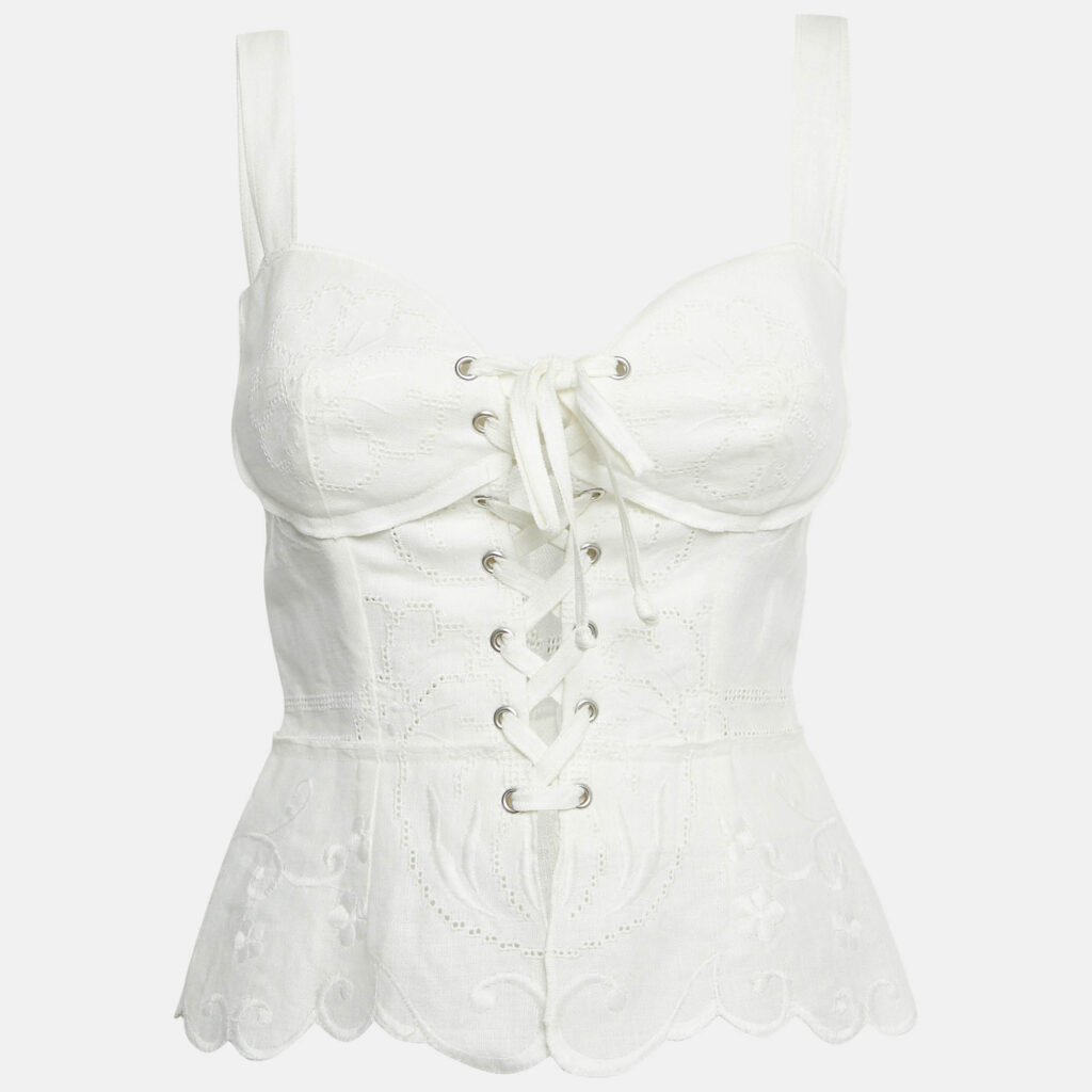 Dolce & Gabbana White Embroidered Linin Blend Lace-Up Corset S