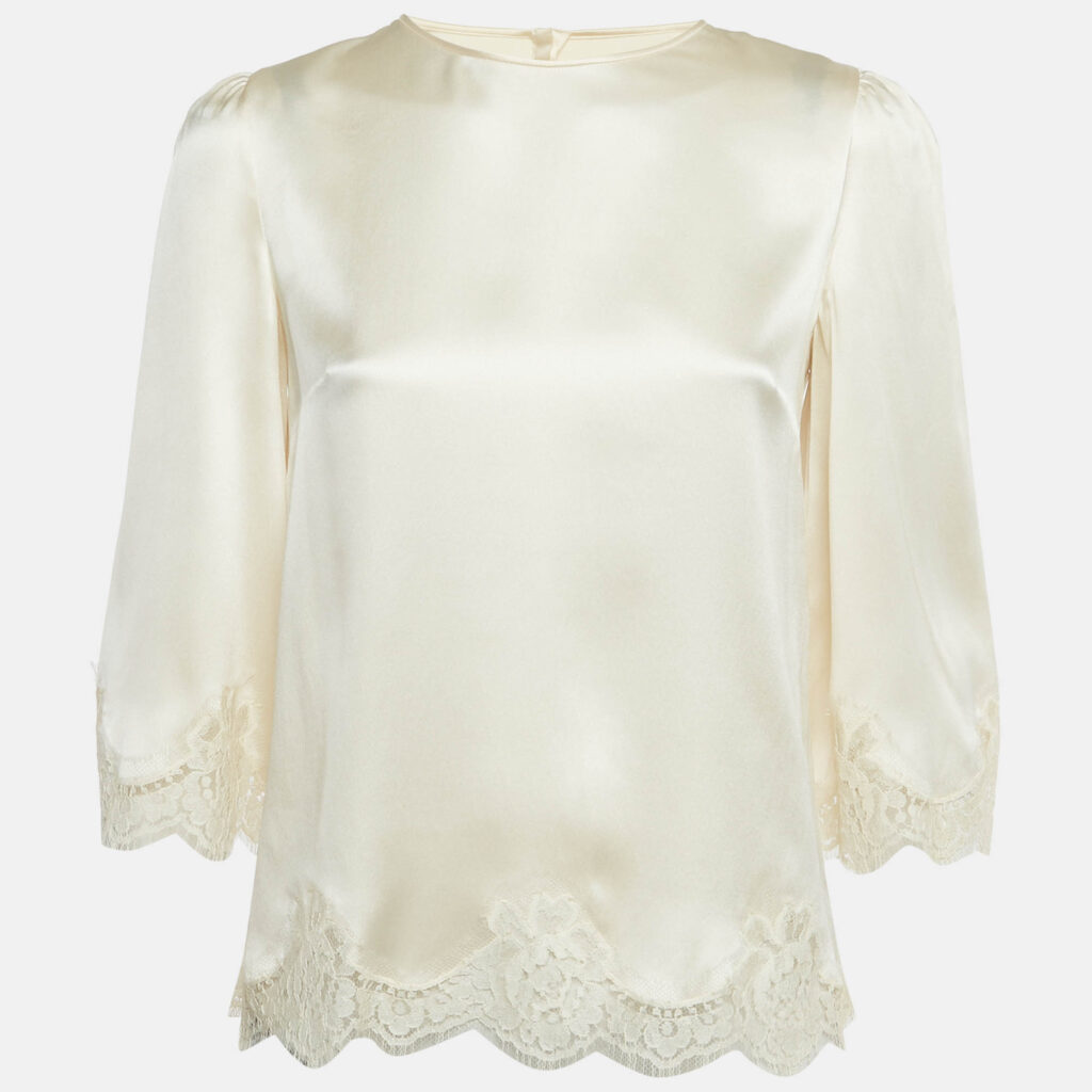 Dolce & Gabbana Cream Lace Trim Satin Blouse S Dolce & Gabbana Cream Lace Trim Satin Blouse S