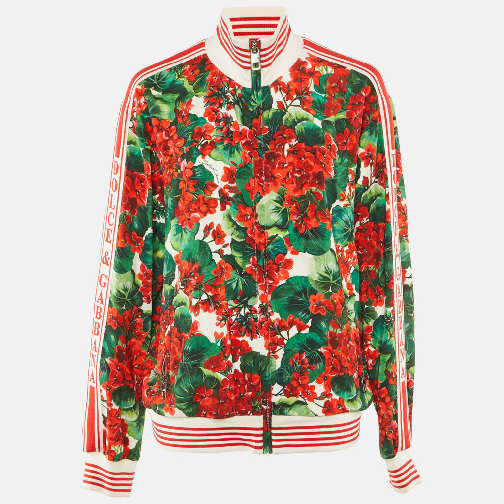 Dolce & Gabbana Red Floral Print Crepe Bomber Jacket M Dolce & Gabbana Red Floral Print Crepe Bomber Jacket M