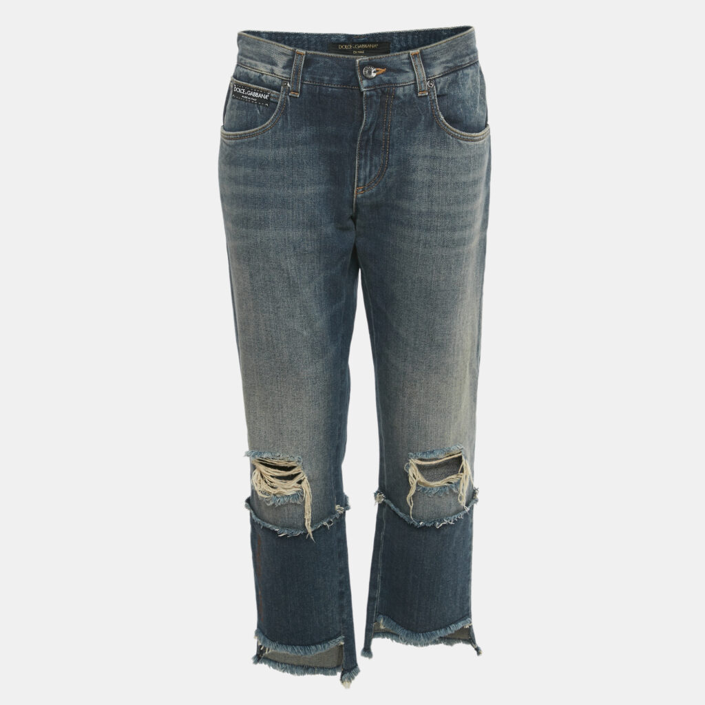 Dolce & Gabbana Blue Distressed Cropped Straight Fit Denim Jeans M Waist 30"