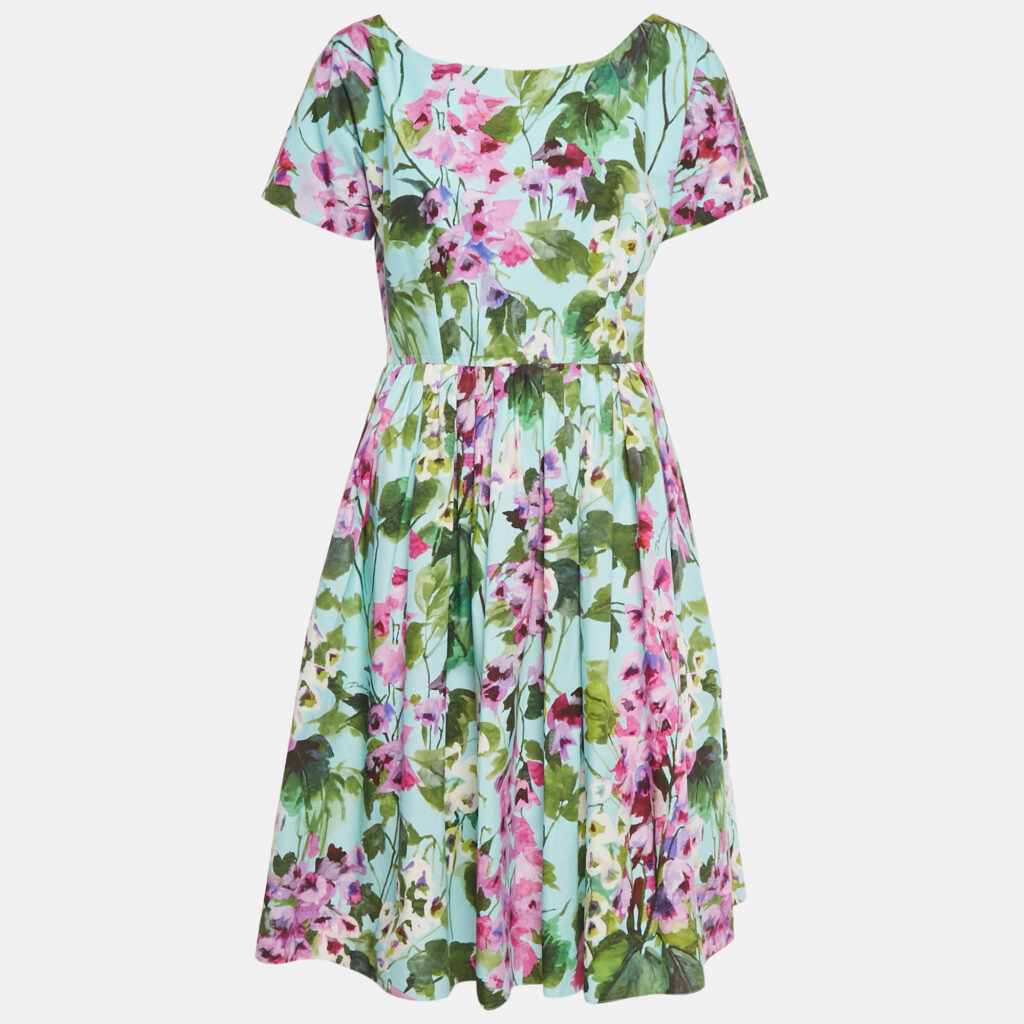 Dolce & Gabbana Blue Floral Print Cotton Midi Dress L Dolce & Gabbana Blue Floral Print Cotton Midi Dress L
