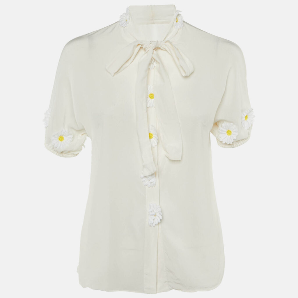 Dolce & Gabbana Off White Silk Daisy Appliqued Blouse M Dolce & Gabbana Off White Silk Daisy Appliqued Blouse M