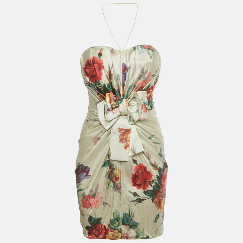 Dolce & Gabbana Beige Floral Print Silk Bow Detail Strapless Mini Dress S Dolce & Gabbana Beige Floral Print Silk Bow Detail Strapless Mini Dress S