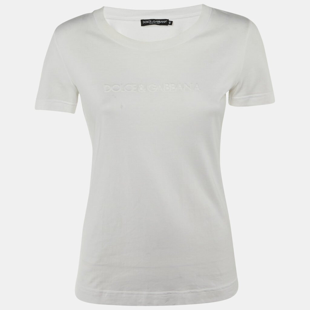 luxury-women-dolcegabbana-used-clothes-p1240561-006-1.jpg Dolce & Gabbana White Cotton Logo Embossed Crew Neck T-Shirt S